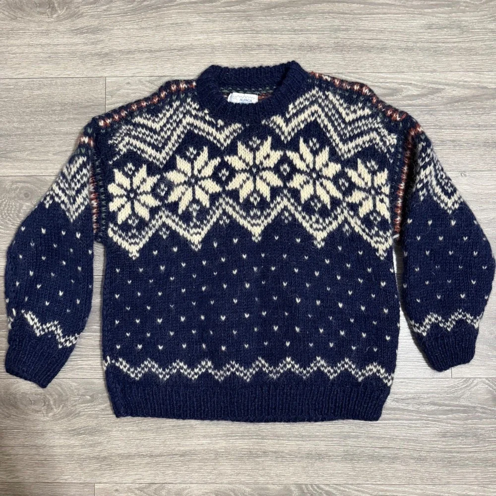 Vintage 80s Alpaca Imports Men's Sweater M Wool Hand Knit Fair Isle Snowflake